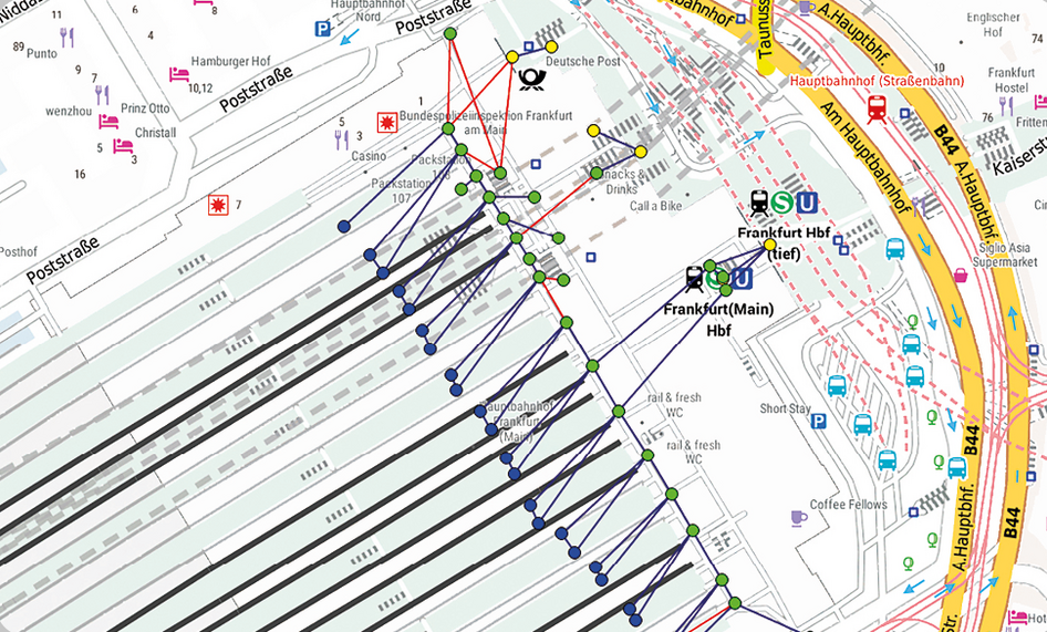 Technischer Gleisplan mit Weichen, Streckenverläufen und Infrastrukturmarkierungen einer Bahnanlage