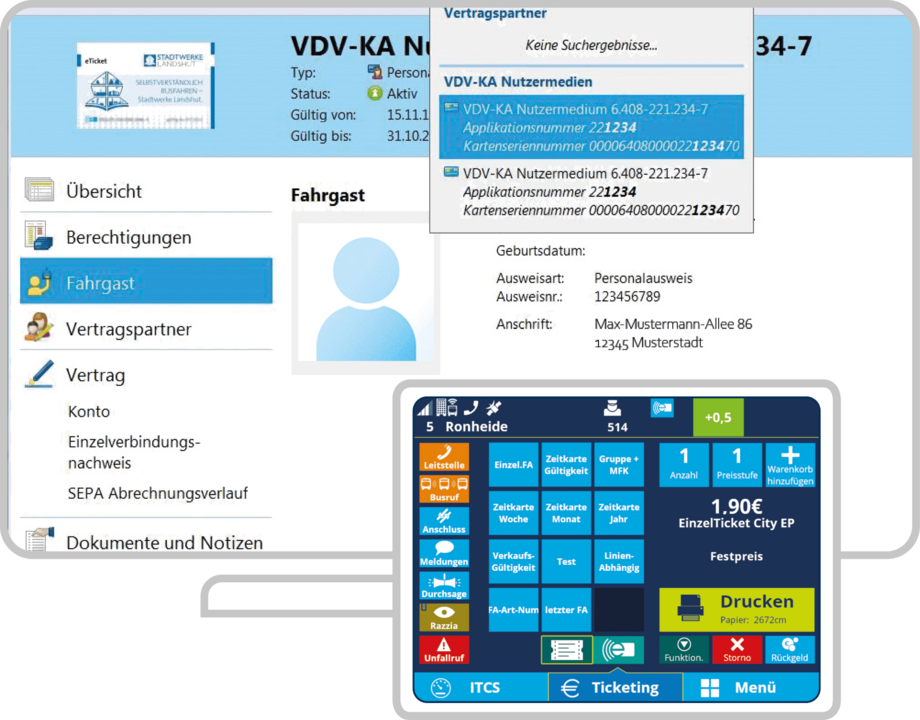 Ticketing und Tarifmanagement mit IVU.ticket und IVU.fare auf einem Computermonitor und Tablet