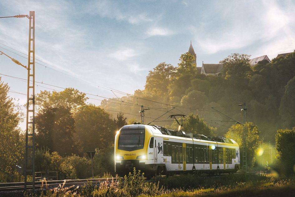 Regionalzug von Aerverio fährt durch bewaldete Landschaft im Gegenlicht