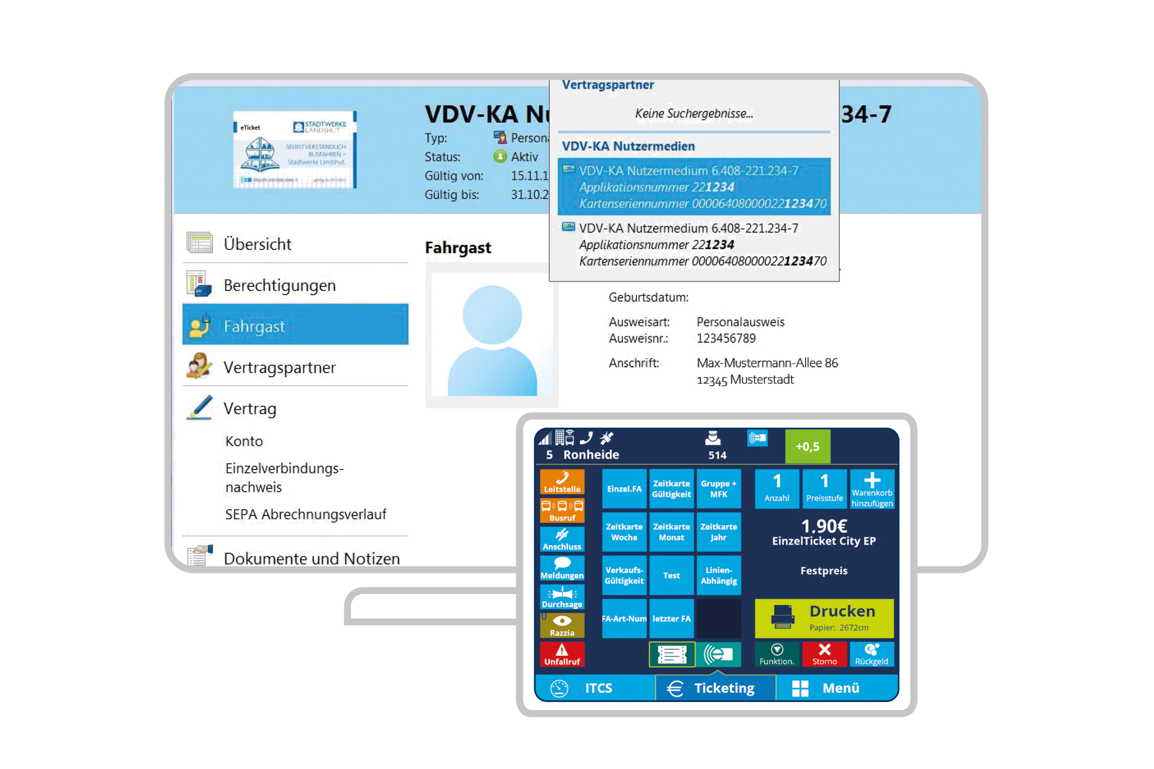 Ticket sales and inspection and tariff management with IVU.ticket and IVU.fare on a computer monitor and tablet