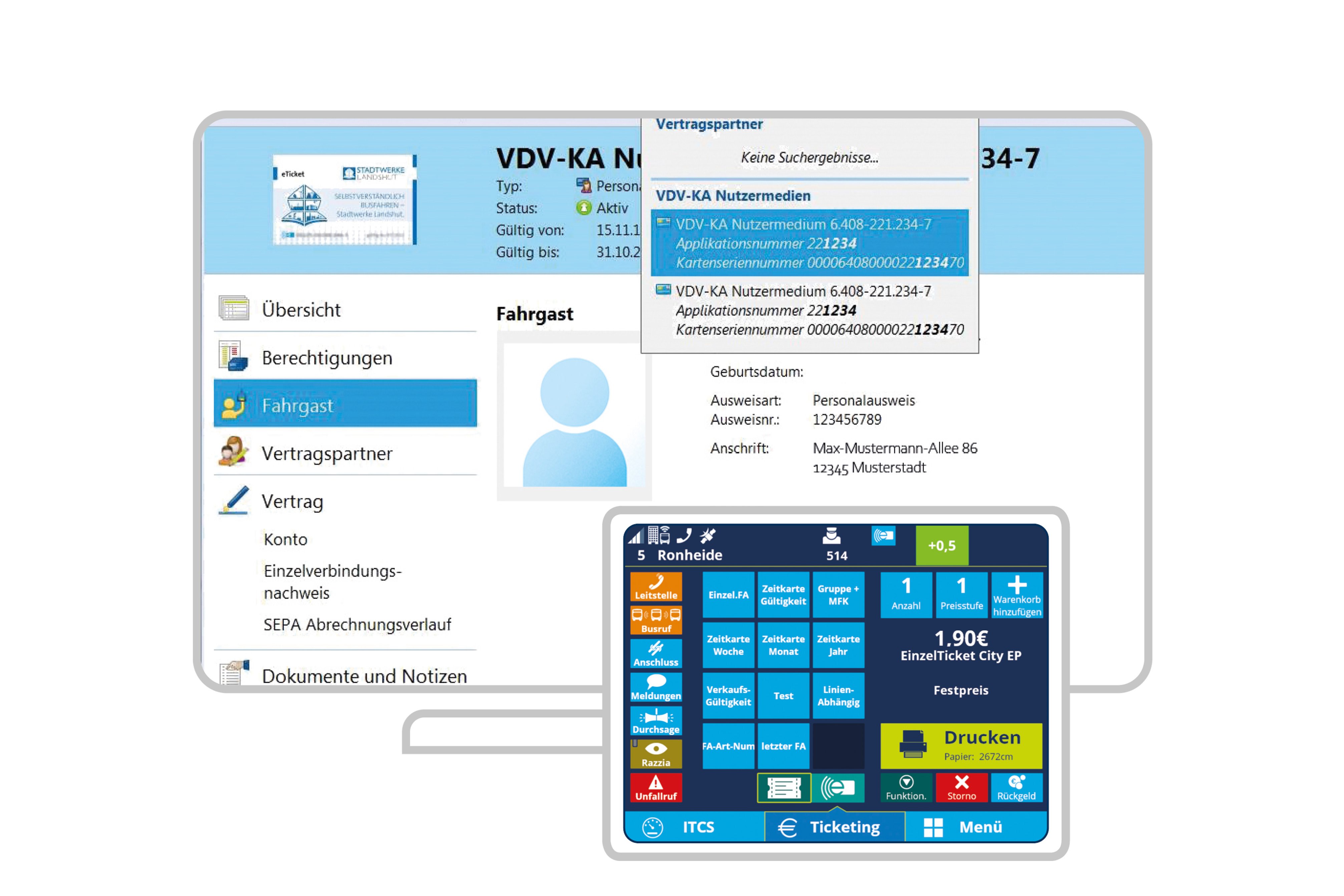 Ticket sales and inspection and tariff management with IVU.ticket and IVU.fare on a computer monitor and tablet