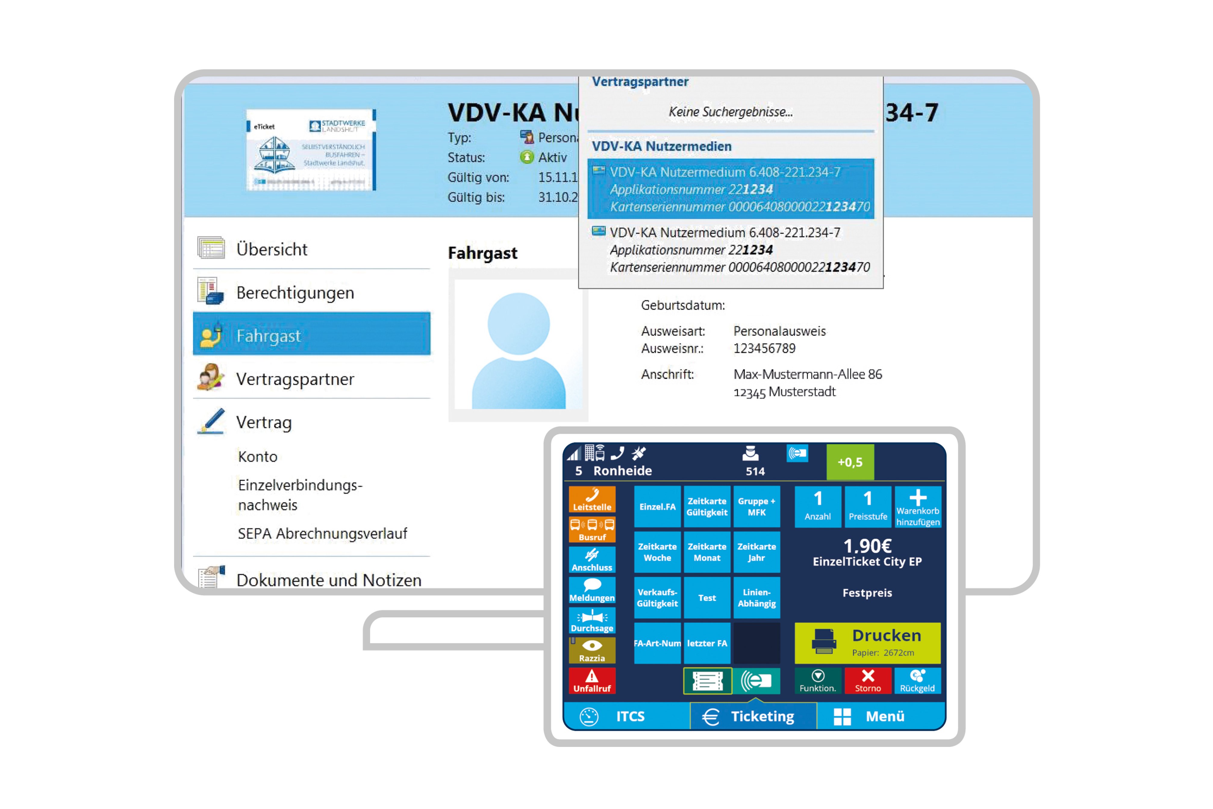 Ticket sales and inspection and tariff management with IVU.ticket and IVU.fare on a computer monitor and tablet