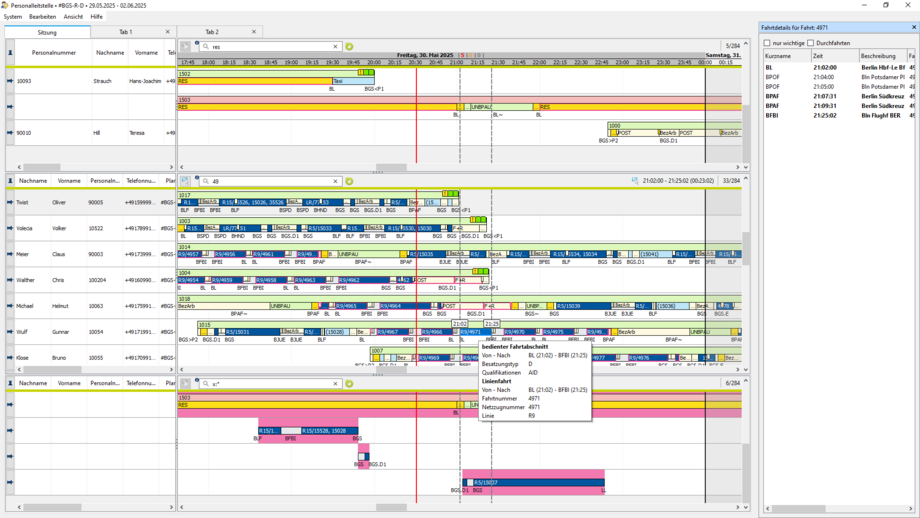 Screenshot of the IVU.controlcentre staff control interface showing an overview of personnel and trains