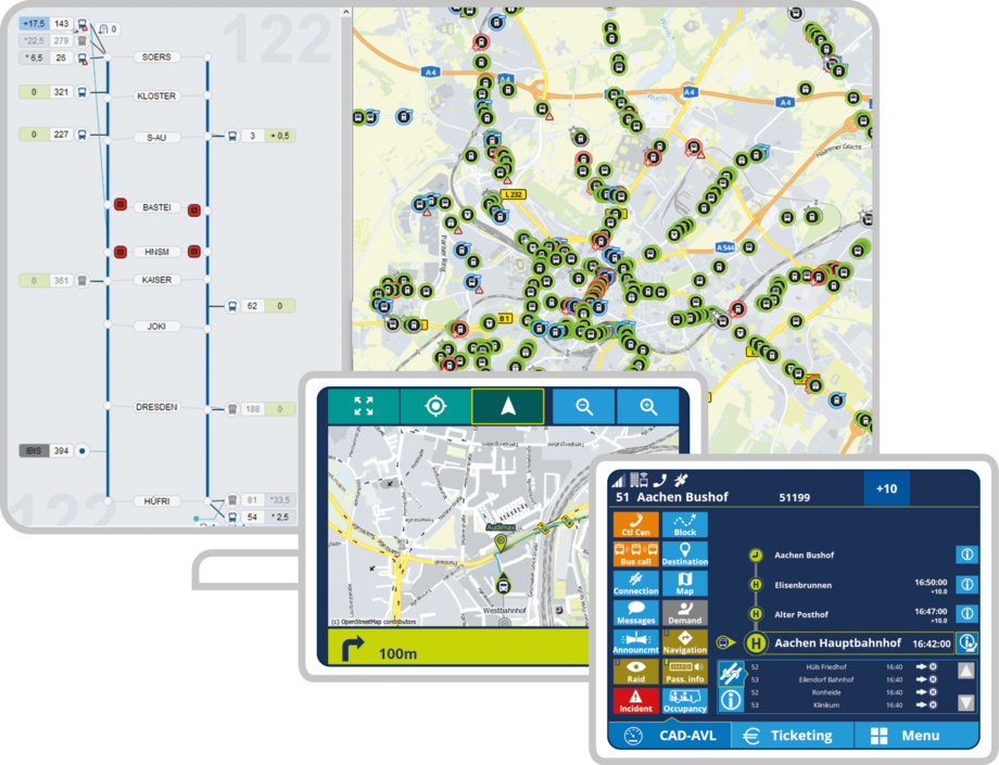 Schematic and map-based display of the operations situation in IVU.fleet and driver assistance in IVU.cockpit