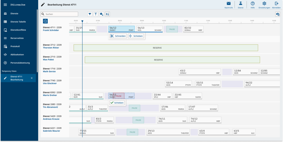 Screenshot of the IVU.crew.live interface showing an overview of live staff dispatching