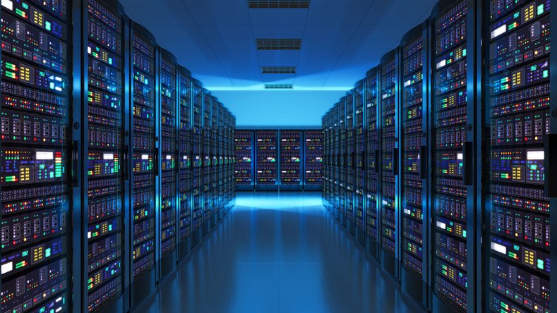 Modern data center with illuminated server racks in blue light – IT infrastructure for cloud computing and hosting