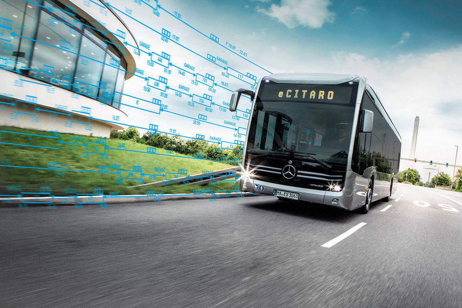 A silver Mercedes-Benz eCitaro is travelling along a road. Software graphics are implemented in the image in front of the bus.