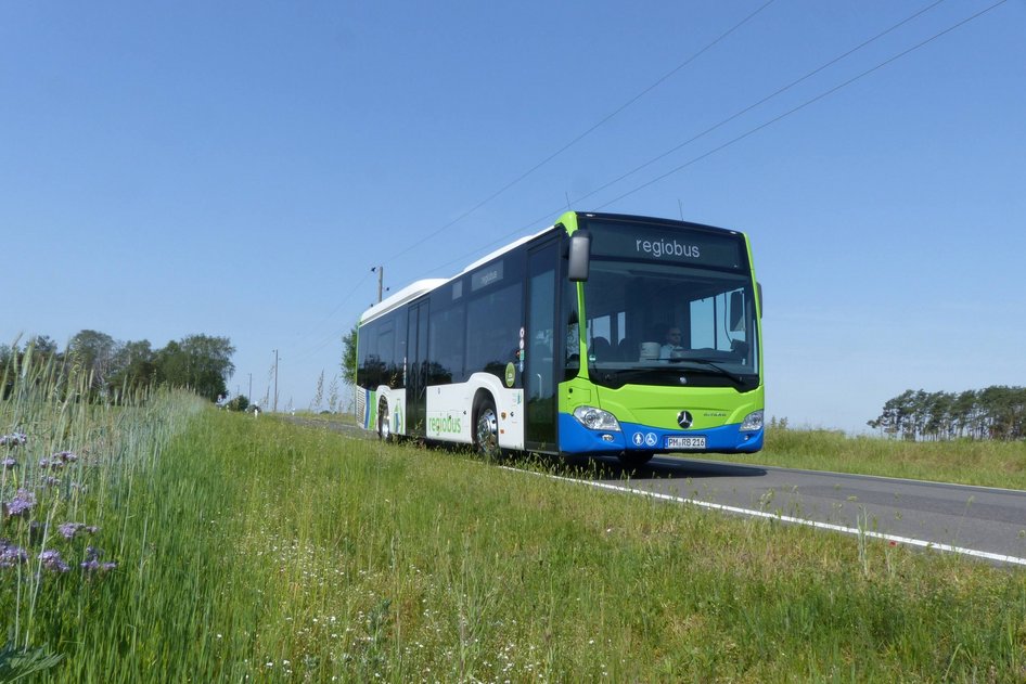 A bus operated by regiobus Potsdam Mittelmark drives via a local road