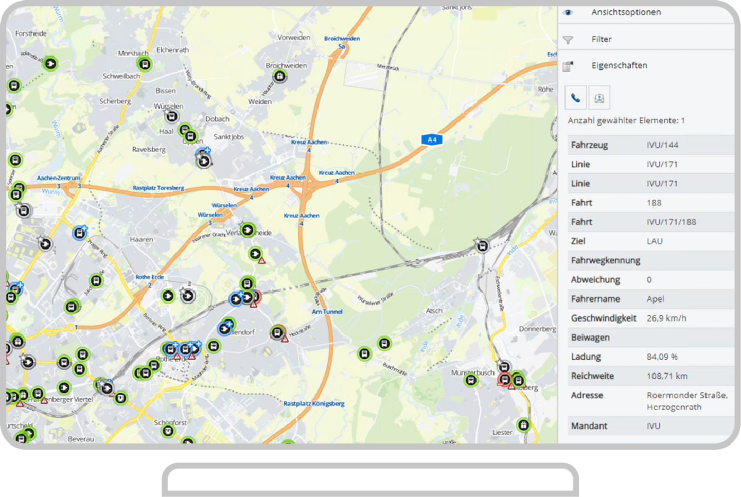 Bildschirmansicht des mandantenfähigen Hintergrundsystems IVU.fleet mit Fahrzeugpositionen auf einer Stadtkarte