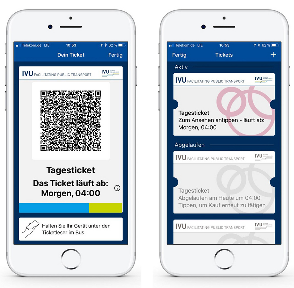 Image of two iPhones showing the IVU.ticket.app surface