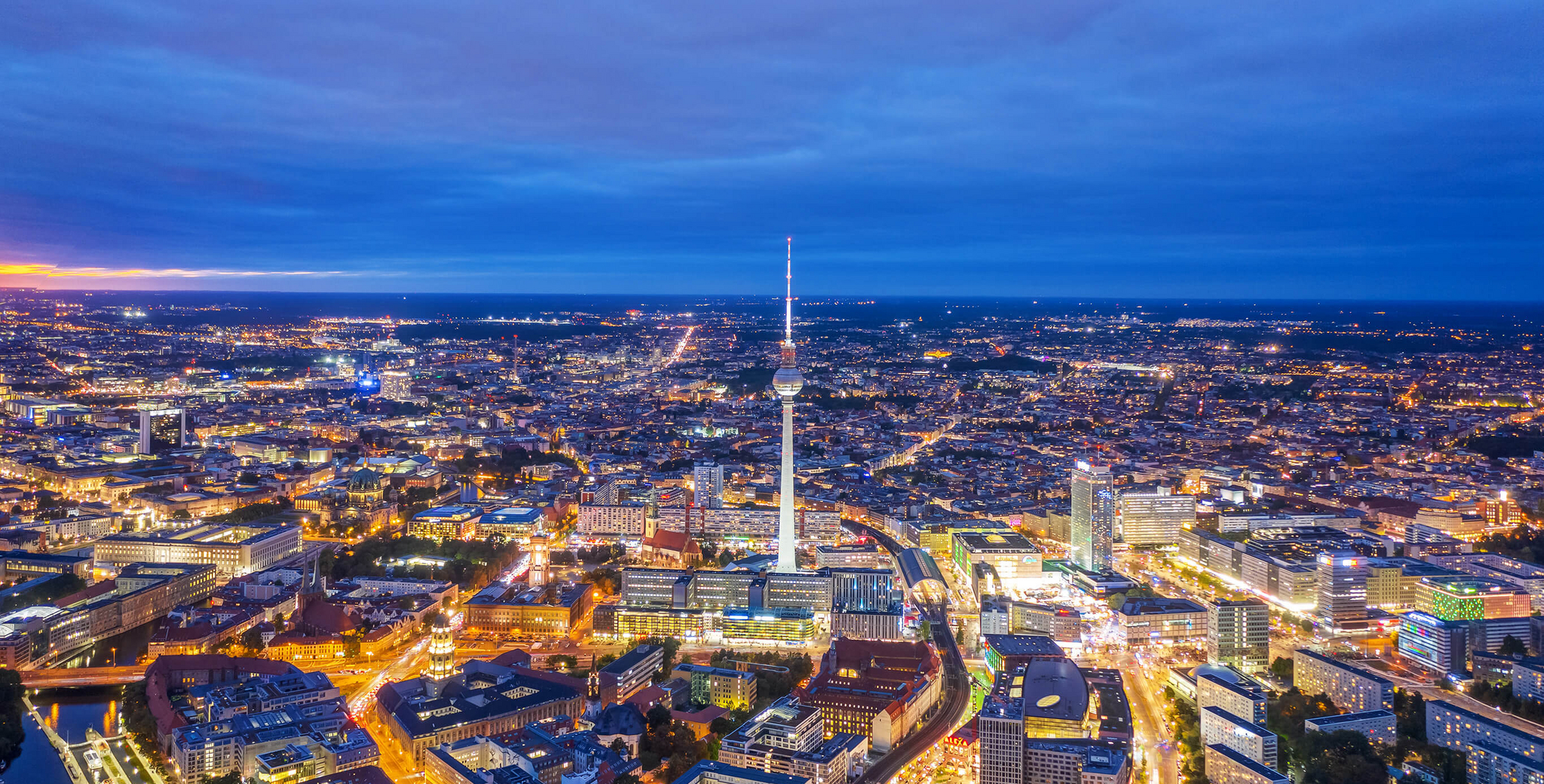Berlin skyline with the TV tower from an aerial view at night