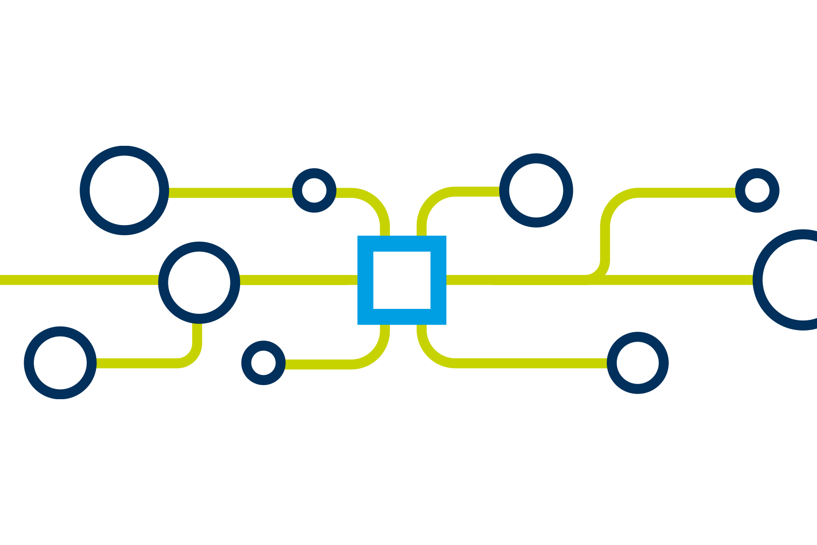 Stylised data network with connected nodes in blue and green on white background
