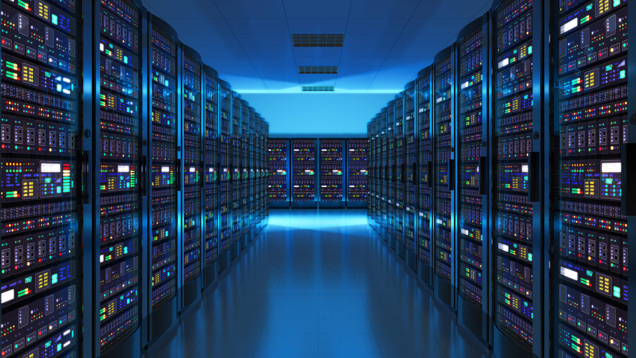 View of running servers in a server room