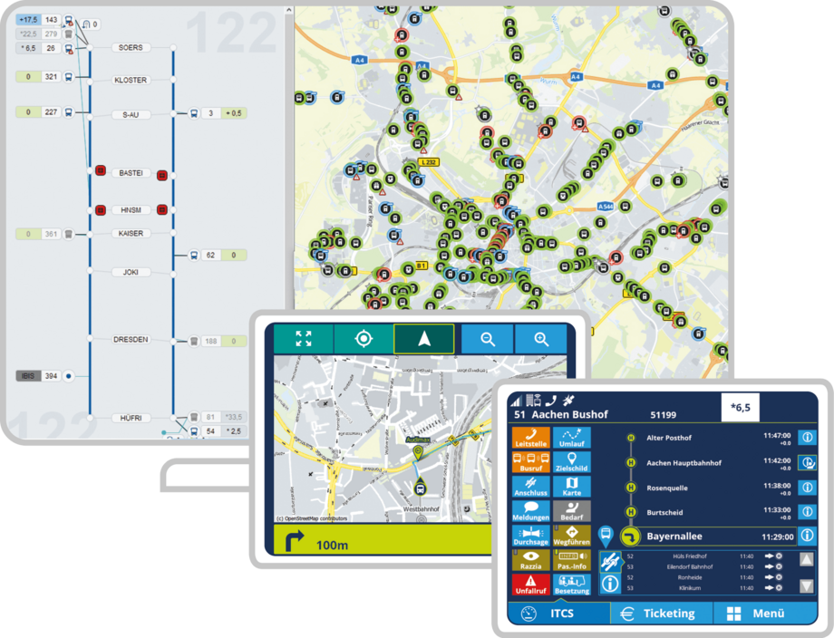 Direction d'exploitation avec IVU.fleet et IVU.cockpit sur un écran d'ordinateur et une tablette