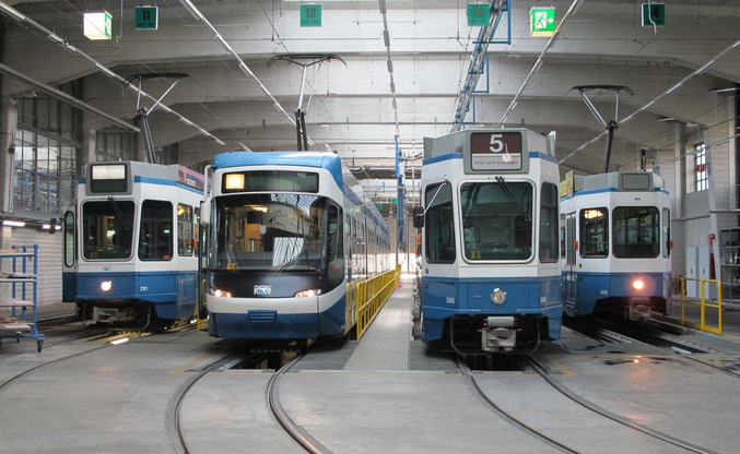 Four VBZ trams at the depot