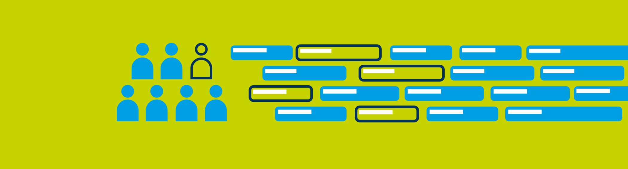 Yellow-green background with seven stylized figures on the left, six in blue and one in green, and a grid of blue and green squares on the right