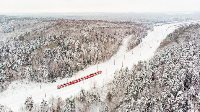 Aearial of a train in a snowy forest