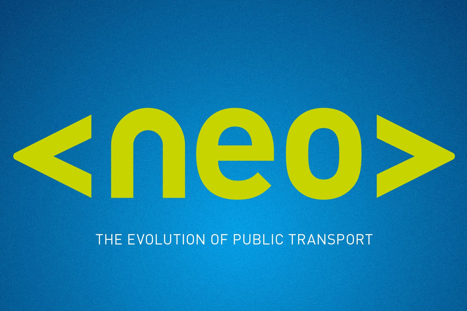 Banner with lettering "neo – The Evolution of Public Transport" in yellow on blue gradient