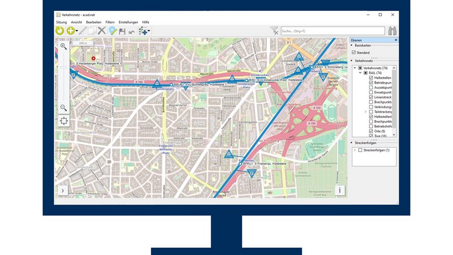 IVU.network Benutzeroberfläche auf einem Monitor - Netzplanung für Eisenbahnbetriebe