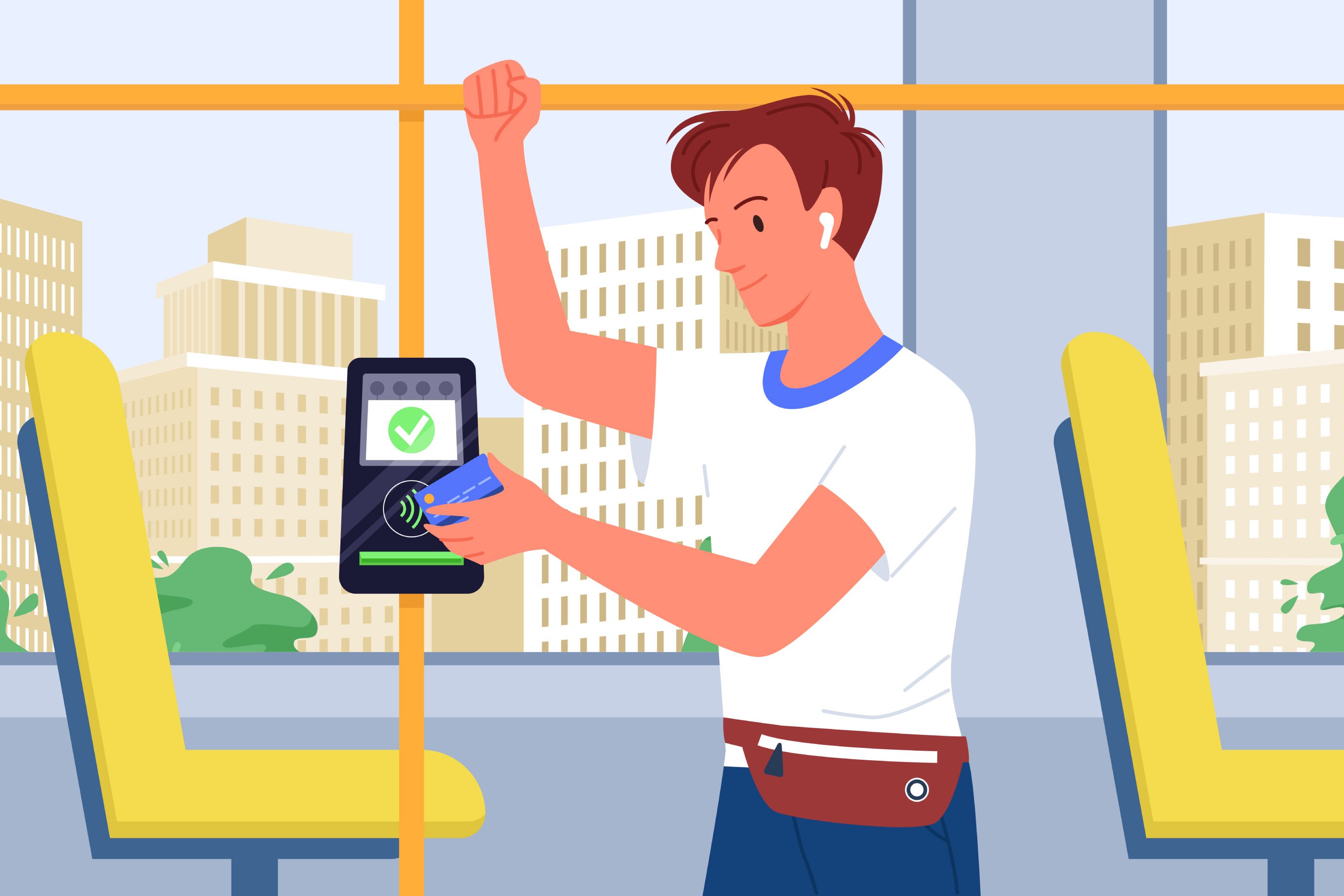Stylized graphic of a person on a bus validating their ticket with a digital card on a mobile device