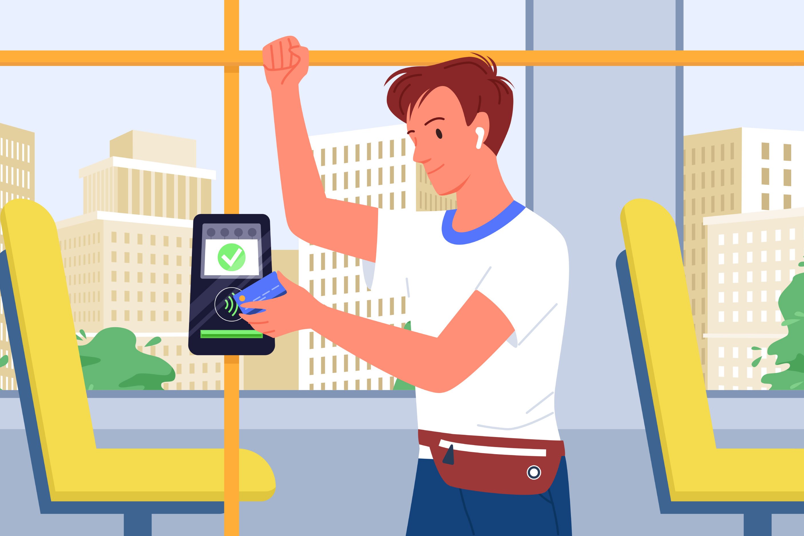 Stylized graphic of a person on a bus validating their ticket with a digital card on a mobile device