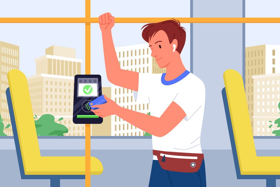 Stilisierte Grafik einer Person im Bus, die ihr Ticket mit einer digitalen Karte an einem mobilen Gerät bestätigt