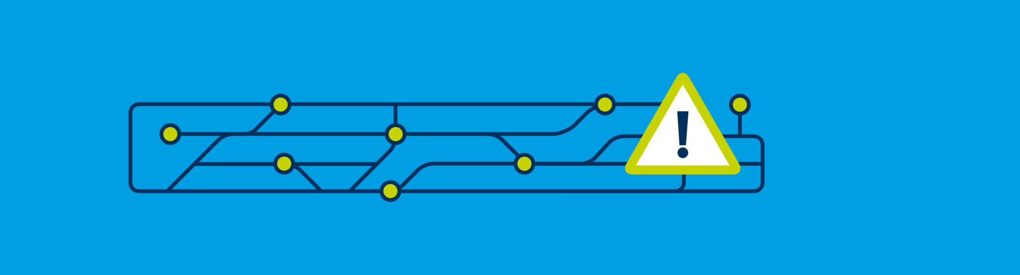 Logo with a blue background, stylized route lines in grey and green stops, with a green and yellow exclamation mark indicating a disruption