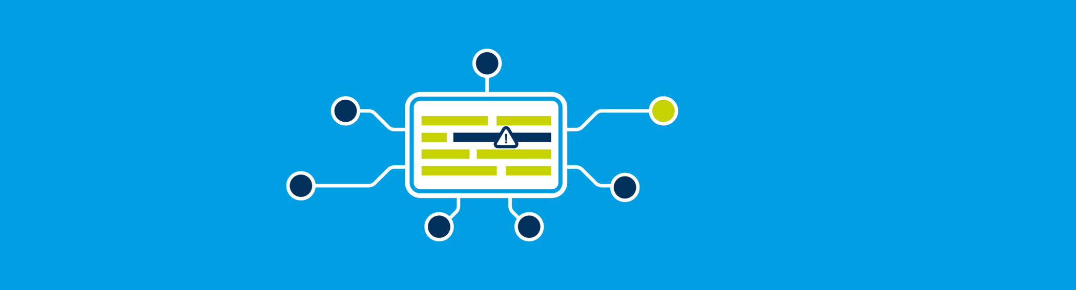Blue background with a light square outlined in blue containing green bars and one blue bar with an exclamation mark, surrounded by stylized route lines and stop points