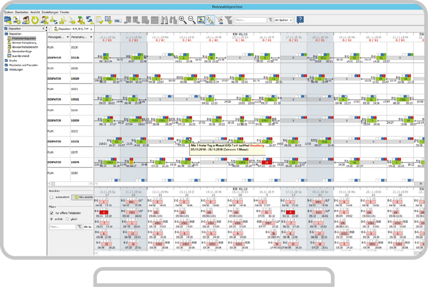 Logiciel de disposition automatique du personnel avec un ensemble de règles configurable via IVU.crew sur un écran d'ordinateur