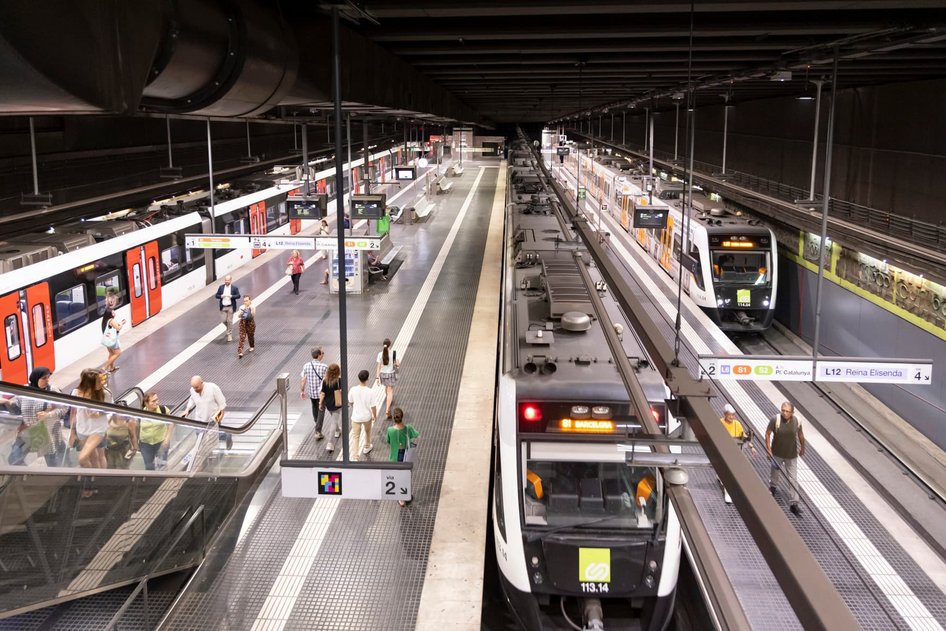 A view of the underground station at Plaça de Catalunya in Barcelona, with FGC trains pulling in.
