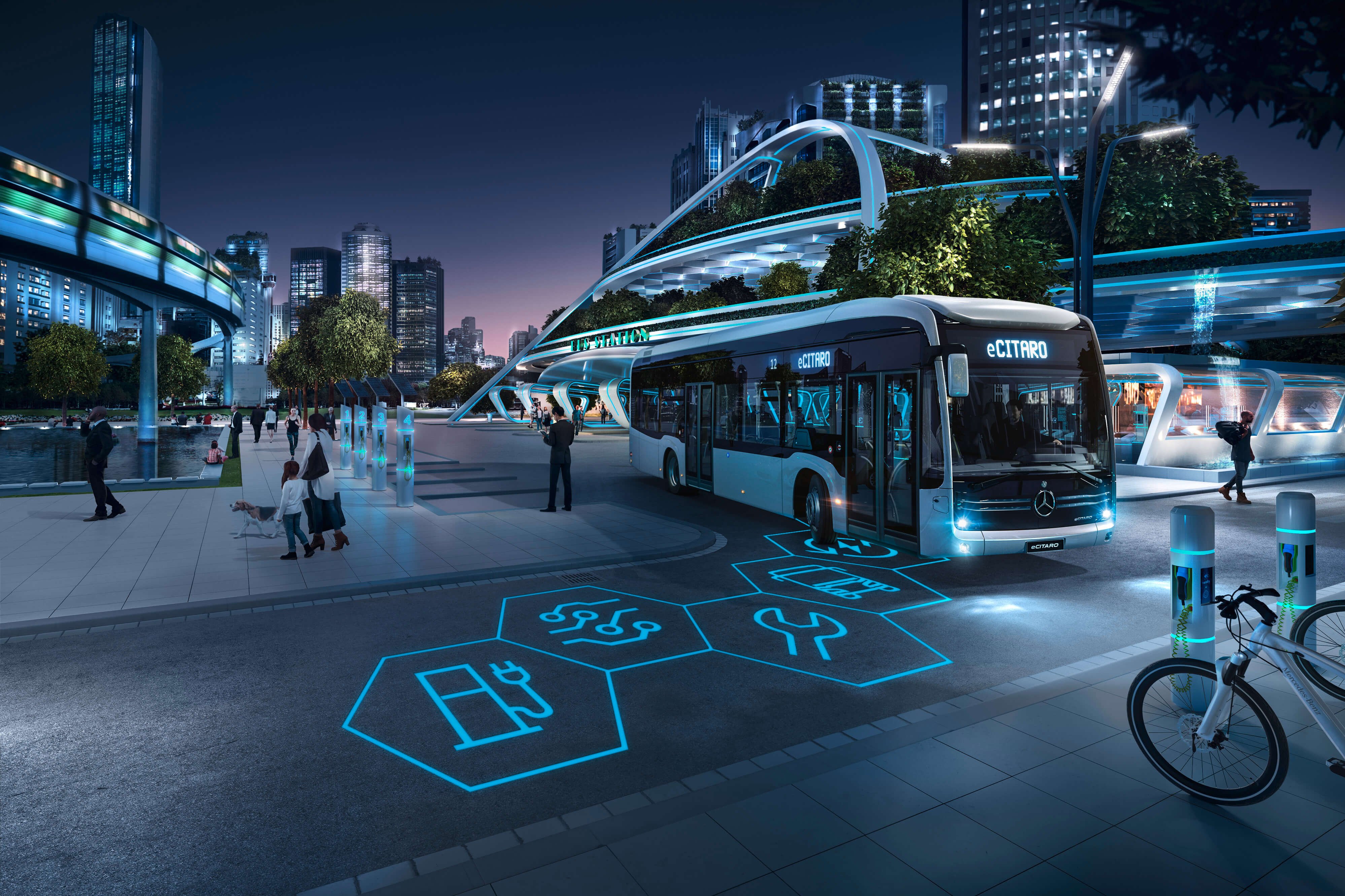 Futuristische Darstellung eines abbiegenden Busses an einer Bushaltestelle