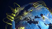 Digital globe with glowing yellow network connections over Europe
