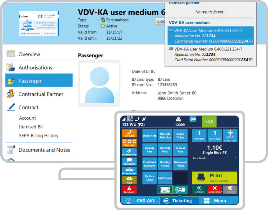 Example of the cash register view for sellers in IVU.fare and sales dialog of IVU.ticket in the vehicle