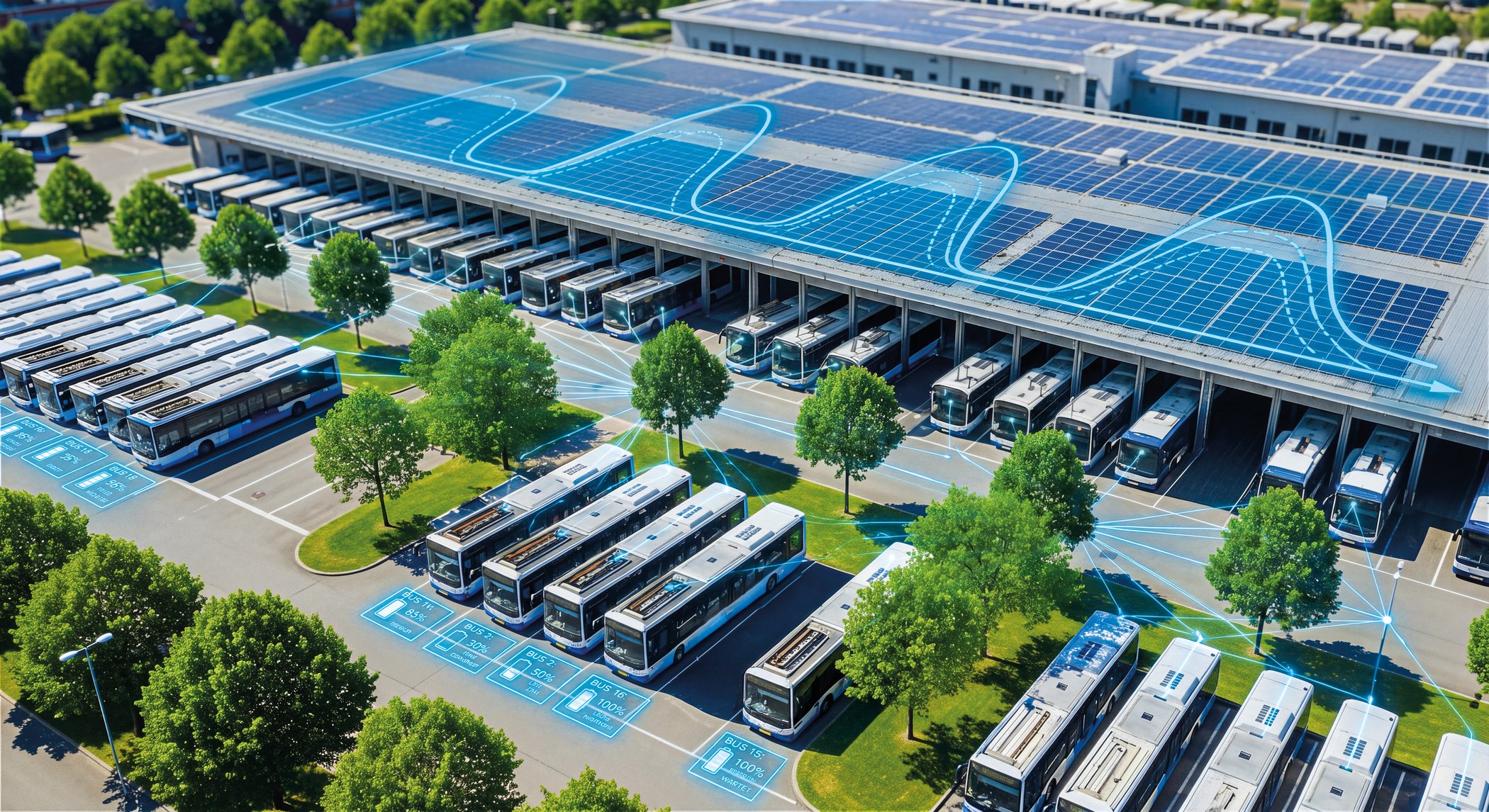 A bus depot with charging information