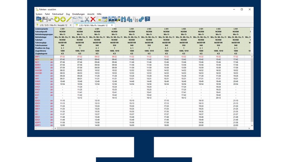 IVU.timetable Benutzeroberfläche auf einem Monitor - Fahrplanung für Eisenbahnbetriebe