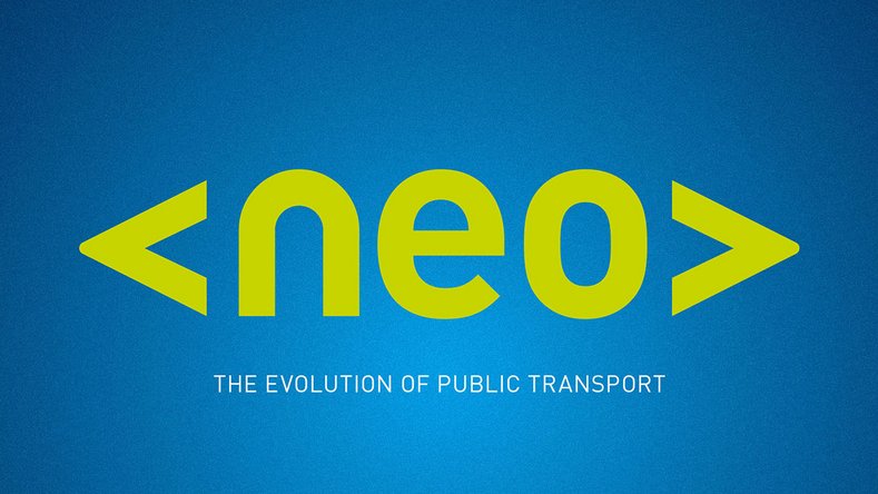 Banner mit Schriftzug „neo – The Evolution of Public Transport" in Gelb auf blauem Farbverlauf