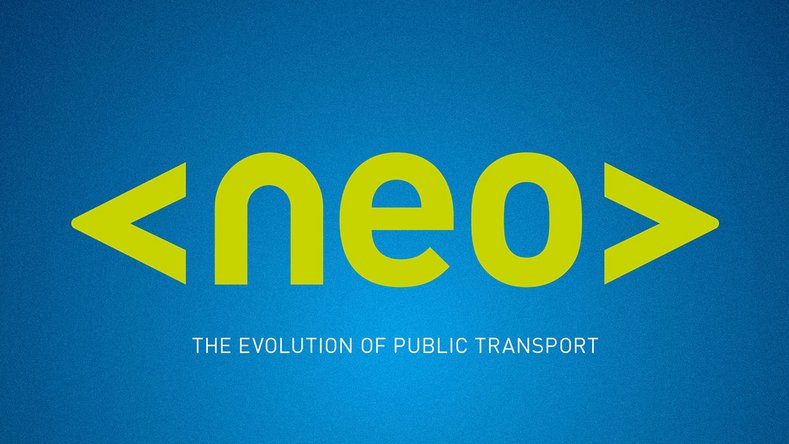 Banner with lettering "neo – The Evolution of Public Transport" in yellow on blue gradient