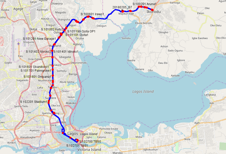 Liniennetzplan Lagos, Nigeria: Karte mit rot und blau markierten Nahverkehrslinien entlang der Küstenregion