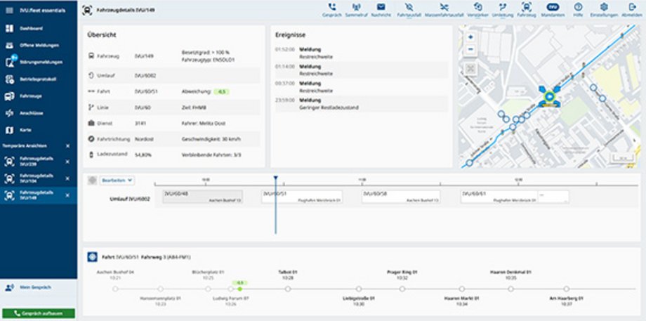 Screenshot der Software IVU.fleet essentials mit Fahrzeugübersicht und Echtzeit-Statusinformationen