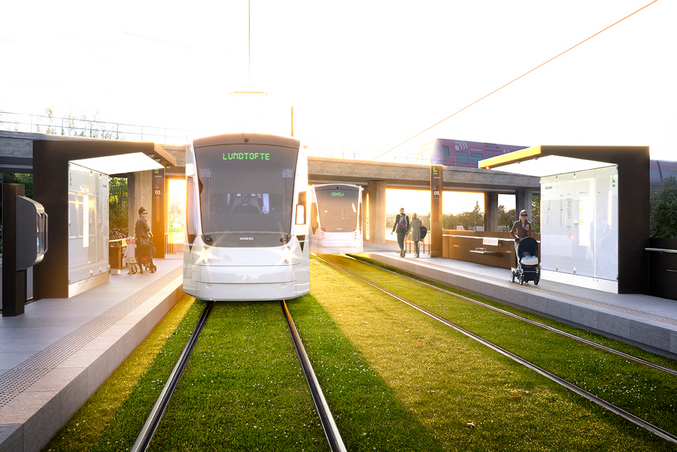 Siemens Avenio tram arriving at a tram stop