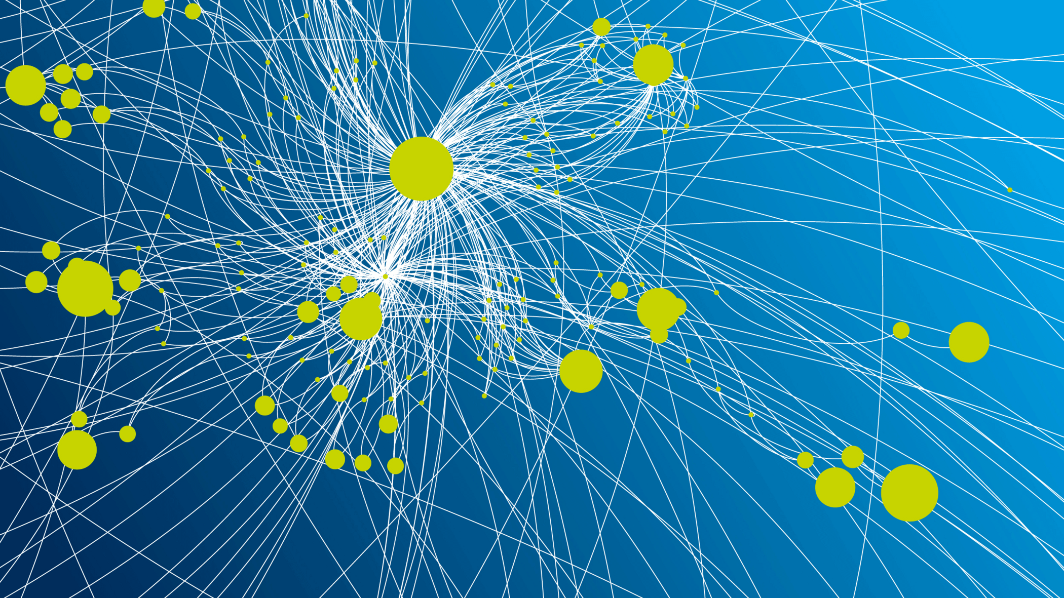 Network graphic with green nodes of different sizes on a blue gradient