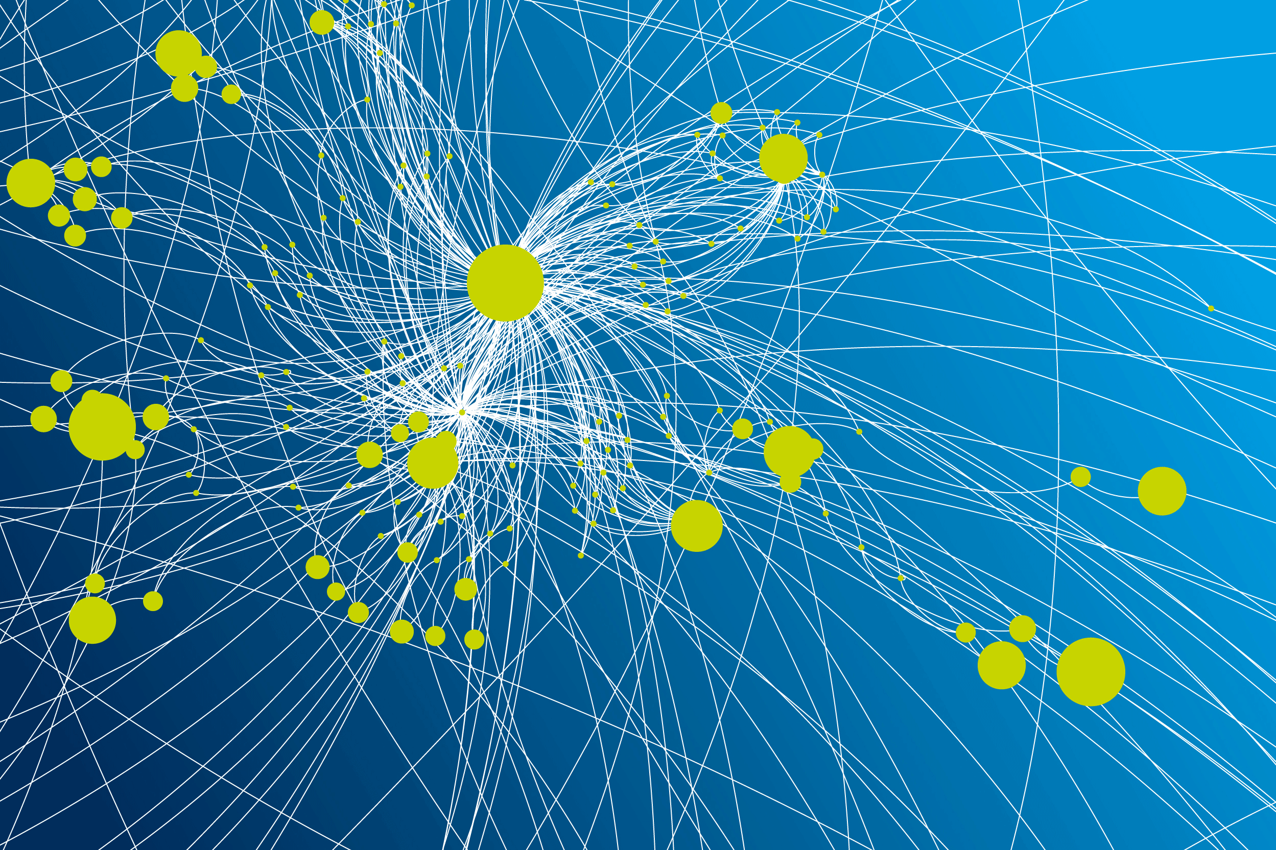 Grafica di rete con nodi verdi di diverse dimensioni su uno sfondo sfumato blu