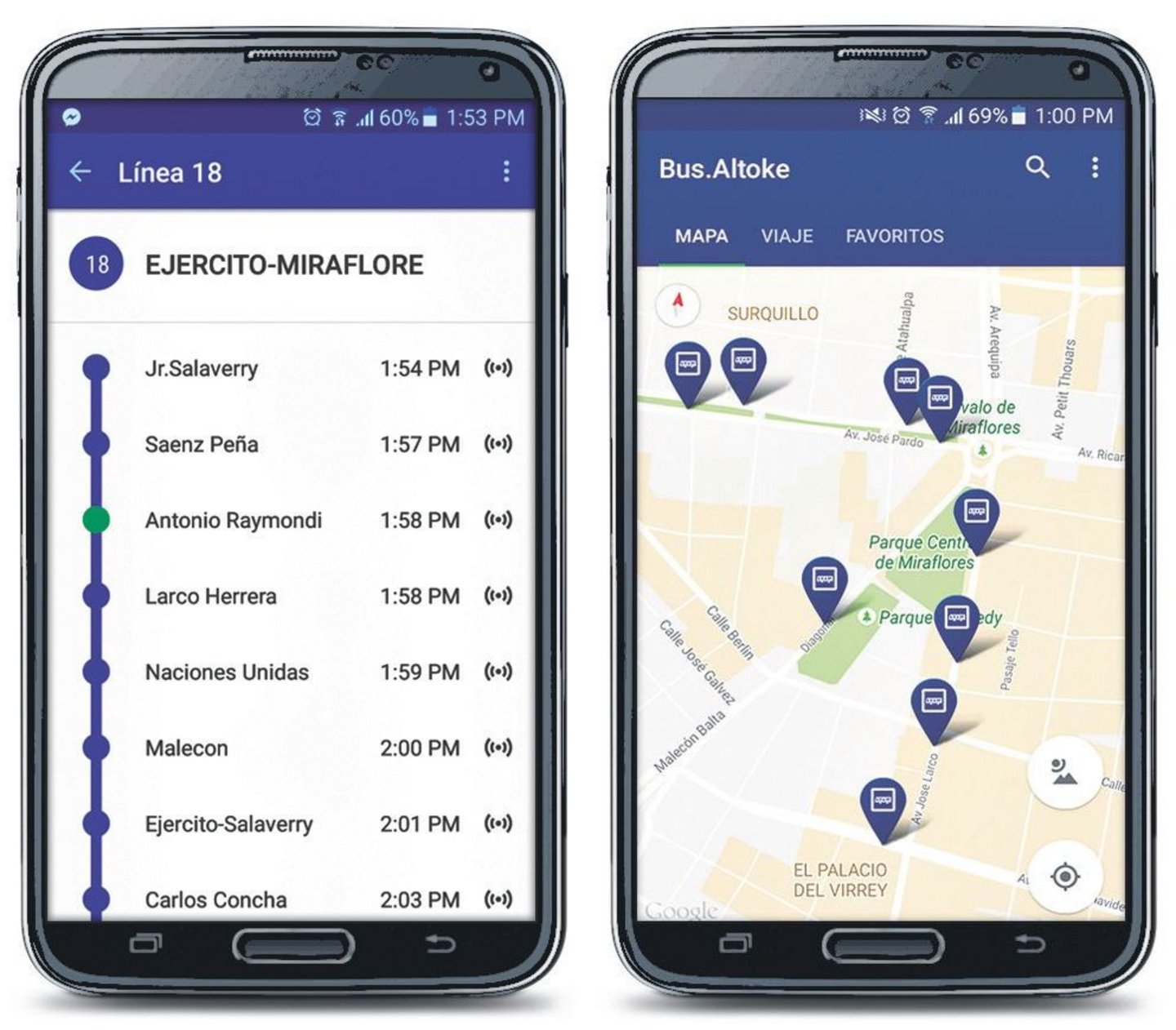Two smartphone views of the passenger information app bus.altoke by GEP Lima