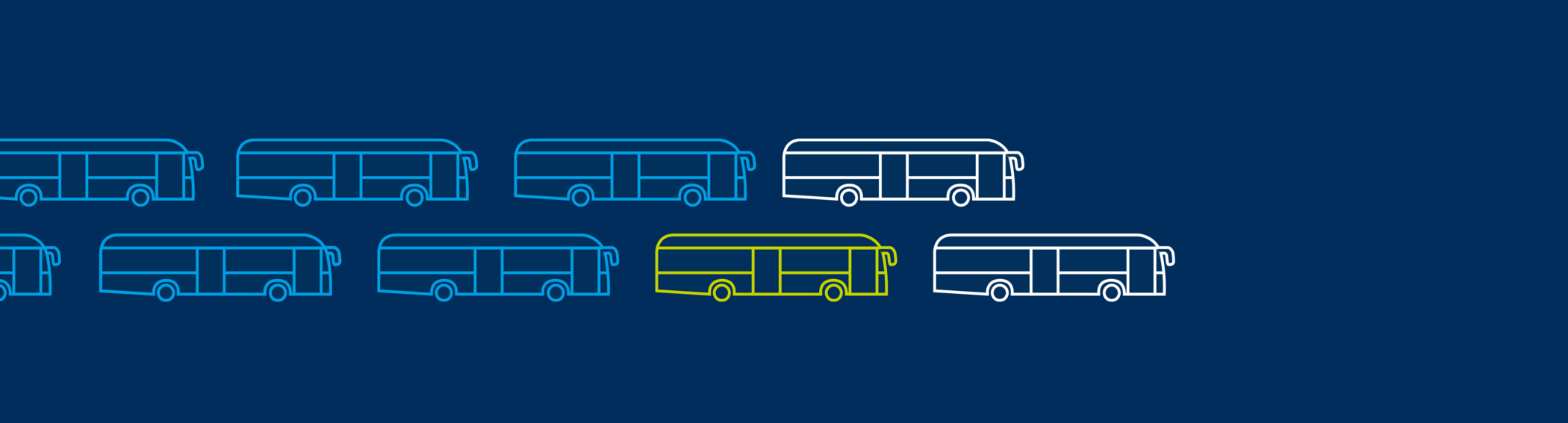 IVU.fleet essentials logo with stylized buses on a blue background, two white, one yellow, and two partially visible in blue