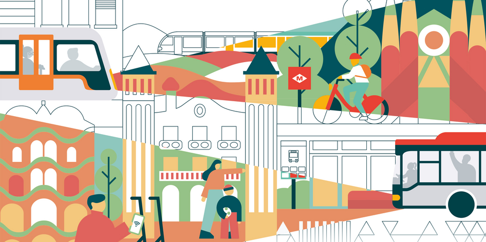 Illustration of landmarks of the city of Barcelona and public transport vehicles