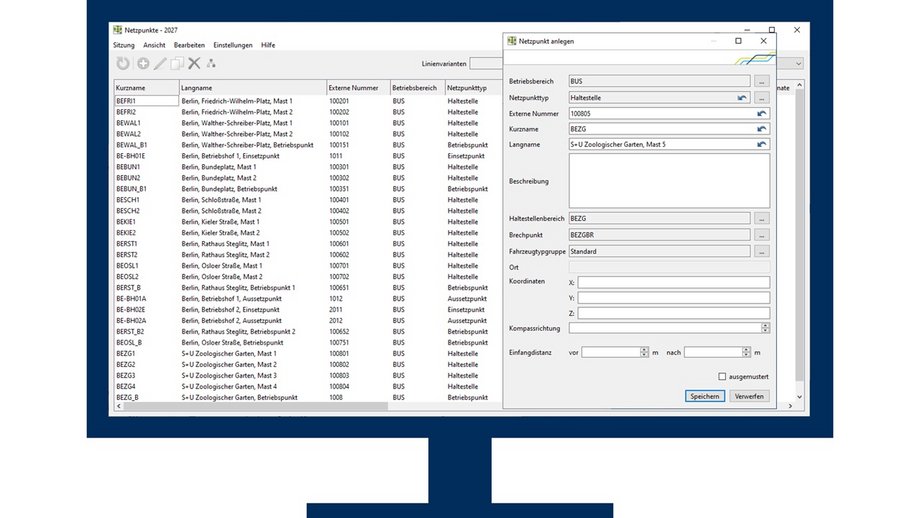 IVU.network Benutzeroberfläche auf einem Monitor - Netzplanung für Bus- und Straßenbahnbetriebe