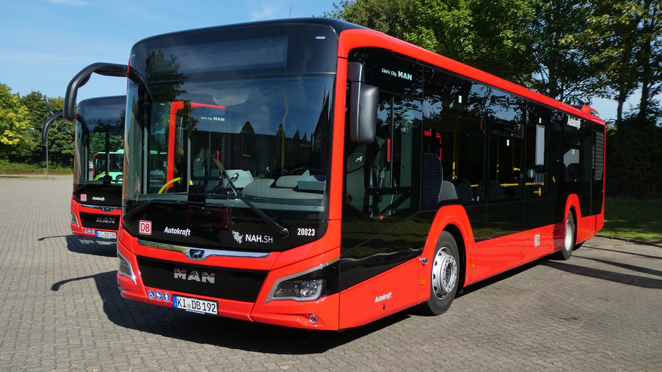 Two parked, red DB Regio buses