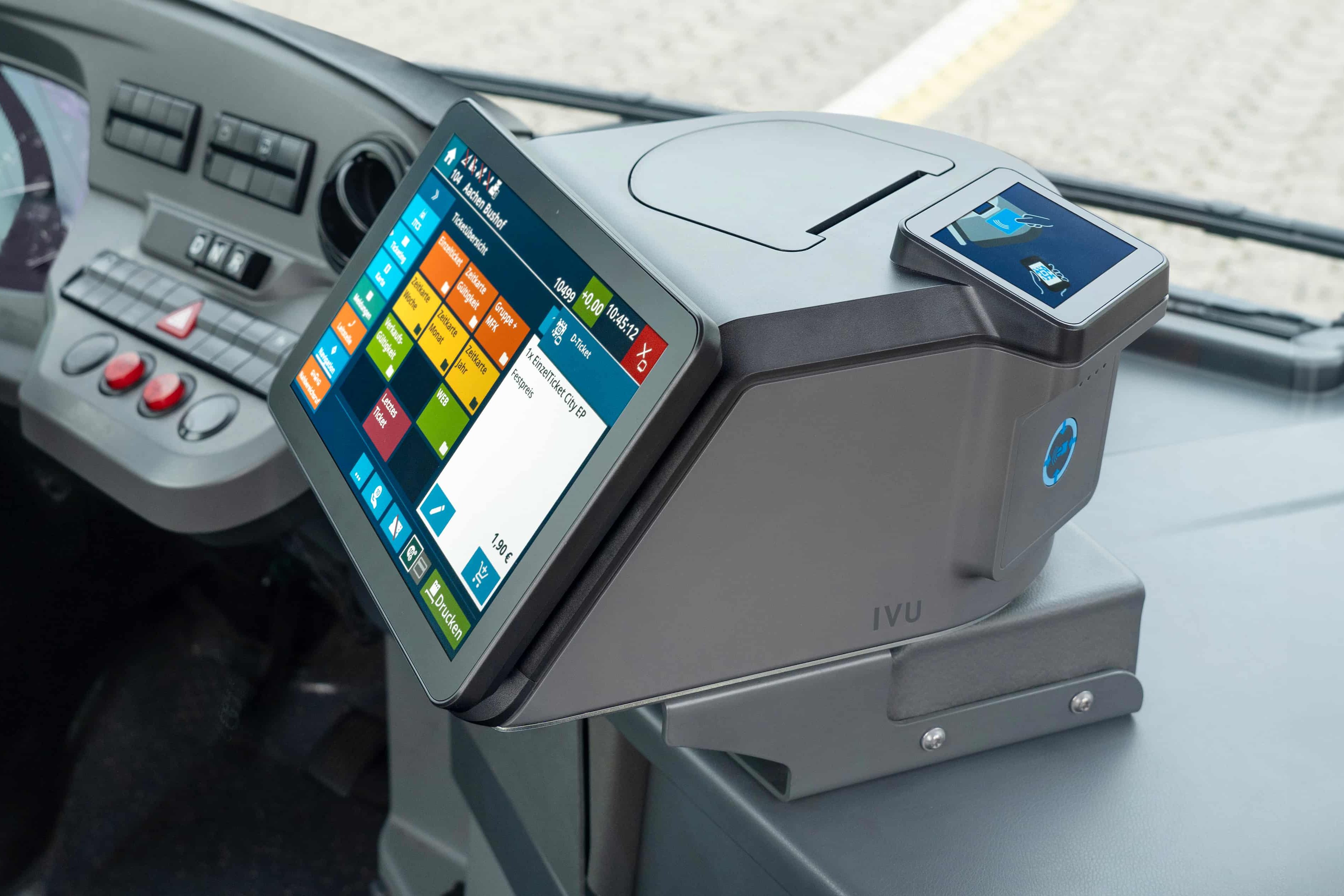 On-board computer IVU.ticket.box with touchscreen and card reader in bus cockpit