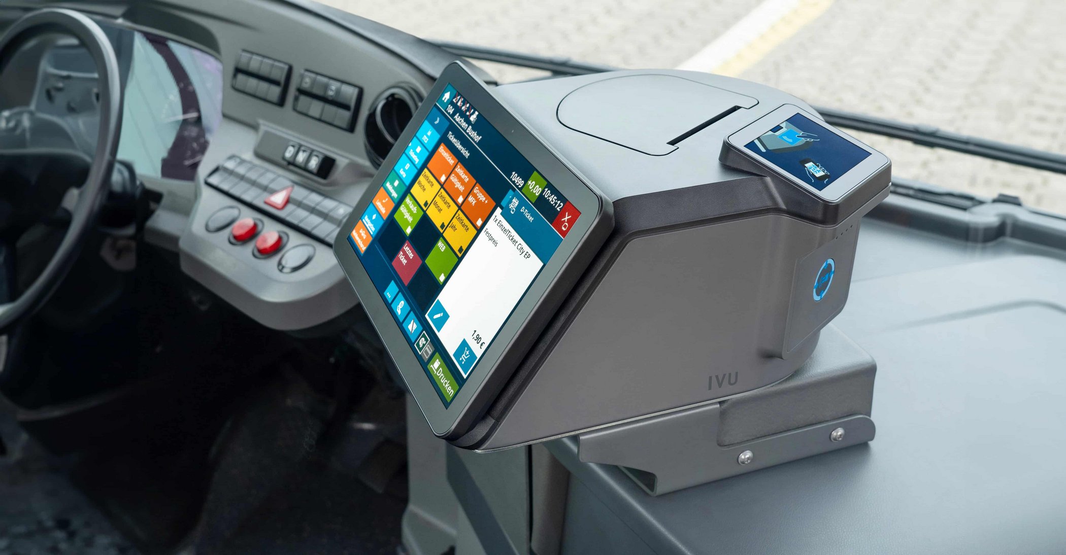 On-board computer IVU.ticket.box with touchscreen and card reader in bus cockpit