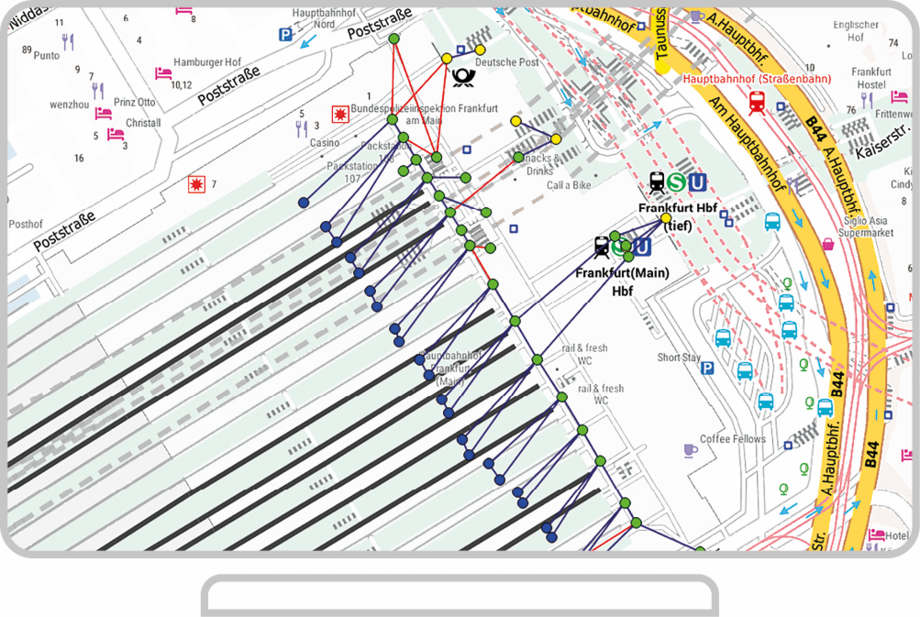 Technical track layout plan showing switches, route alignments and infrastructure markings of a railway facility